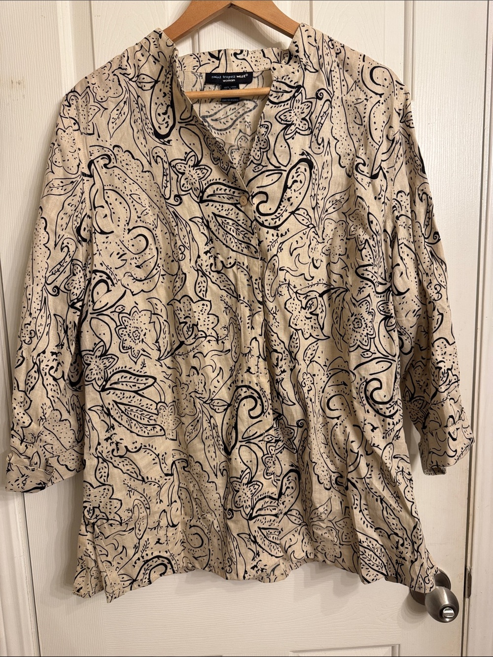 Saint Tropez West Beige Button-Down Shirt with Black Paisley Print 100% linen